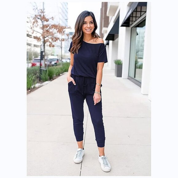 Women's Loose Solid Off Shoulder Elastic Waist Stretchy Navy - Picture 4 of 6